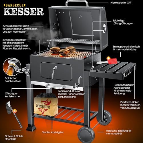 ® Grill Grillwagen BBQ Smoker XL Holzkohlegrill mit Deckel, Rädern, Edelstahl-Griff, Grillrost, Thermometer, & Silikon-Pinsel, Standgrill, Kohlegrillwagen