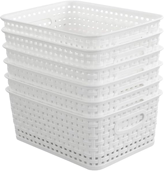 Hokky 6Pack White Plastic Weave Basket, Woven Rattan Storage Basket