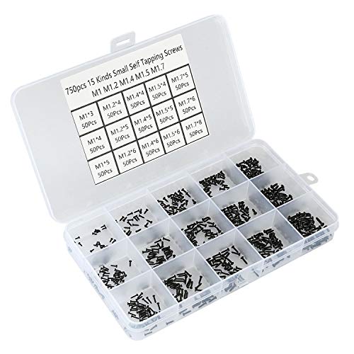 HanTof 750pcs 15 Kinds M1 M1.2 M1.4 M1.5 M1.7 Phillips Rounded Head Small Self Tapping Screws,Micro Screws,Tiny Screws Assortment Kit-(Black)