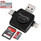 SD TF Card Reader,Buyun Daj iPhone Card Reader Adapter with Lightning &amp; USB &amp;Micro USB &amp; Type C, External Storage Memory Camera Reader Support 8Gb to 256Gb For Android IOS Compute Black OTG Function