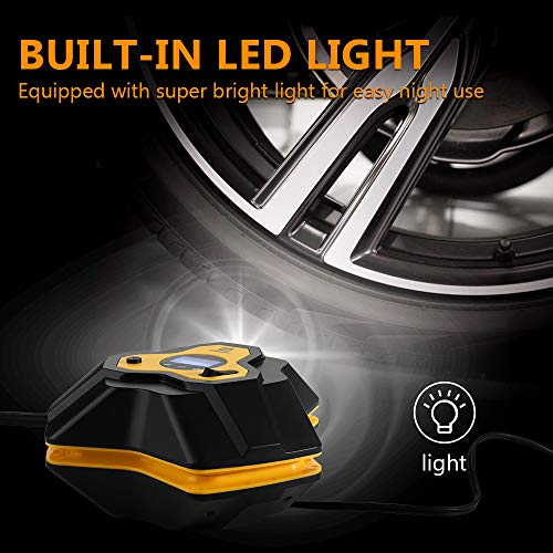 Portable Air Compressor Pump, Auto Digital Tire Inflator Display, 12V 150 PSI Tire Pump With LED light for Cars / Motorcycle / Bicycle Tires, Auto Shut Off/16.4ft Power Cable