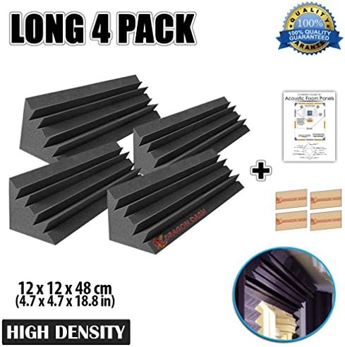 Dragon Dash (4 Pieces) of 4.7 x 4.7 x 18.8 Inches Black Acoustic Soundproofing Long Bass Trap Foam Studio Treatment Wall Panel Tiles DD1138