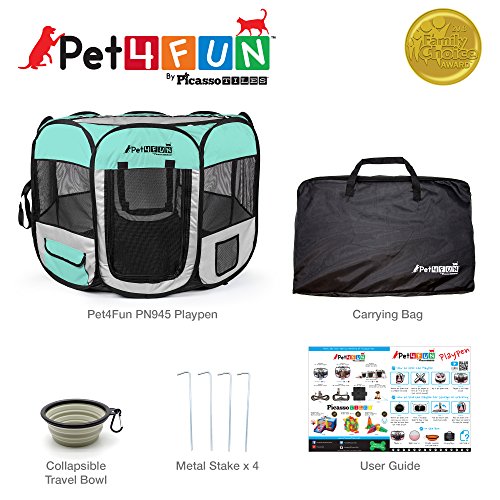 PicassoTiles PET4FUN PN935/PN945 Portable Pet Puppy Dog Cat Playpen Crates Kennel w/Water Resistant 600D Oxford, 210D Nylon, Carrying Bag, Collapsible Bowl, Removable Mesh Cover 2 Sizes - Thumbnail 6