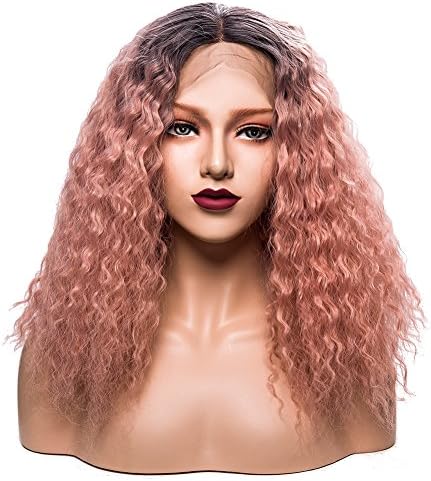 Ombre Pink Wavy Lace Front Wigs For Women With Dark Roots Glueless Synthetic Hair Wig Heat Resistant Middle Parting