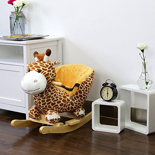 Peach Tree Rocking Horse Giraffe Rocker for Baby Ride on Giraffe Plush Wooden Riding Rocker with Sound, w/Seat Belts - Thumbnail 2