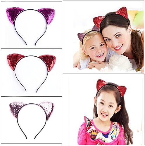 Kargou 3 Pack Mermaid Sequin Headbands Color Reversible Shiny Cat Ears Headband Hair Accessories for Adult &amp; Child