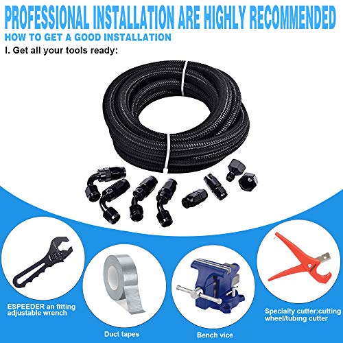 ESPEEDER 10Ft 6AN Fuel Cell Gas Tank 3/8 Nylon Braided Oil Hose Line+ 8PCS AN6 Fittings Adapters Kit - Thumbnail 3