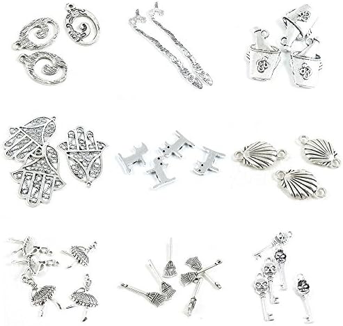 34 PCS Jewelry Making Charms Skull Skeleton Key Broom Ballet Dancer Shell Conch Cat Kitten Hamesh Hamsa Hand