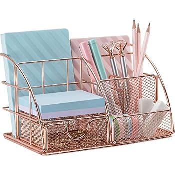 Rose Gold Desk Organizer for Women, AUPSEN Mesh Office Supplies Desk Accessories, Features 5 Compartments + 1 Mini Sliding Drawer