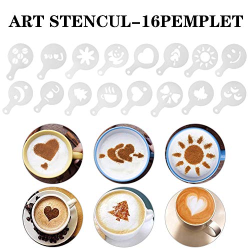 Xinzistar Kakaostreuer für Cappuccino Edelstahl Kakao Streuer Cappuccino mit 16 Schablone Puderzuckerstreuer Staubzuckerstreuer Schokoladenstreuer Kaffeezubehör mit Coffee Art Pull Pin, Rührlöffel – Bild 4