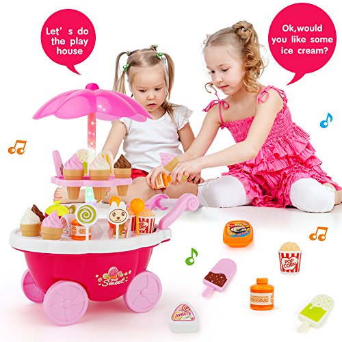 Sotodik 39PCS Ice Cream Candy Cart 39 PCS Pretend Play Food Dessert and Cash Trolley Set Toys with Music and Lighting Kids and Girls Toyselody For Girls and Kids - Thumbnail 6