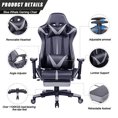 Blue Whale Gaming Chair PC Computer Chair with Footrest Ergonomic Video Game Chair High Back Racing Gamer Chair Reclining Leather Office Chair with Headrest and Lumbar Support (8192Grey)