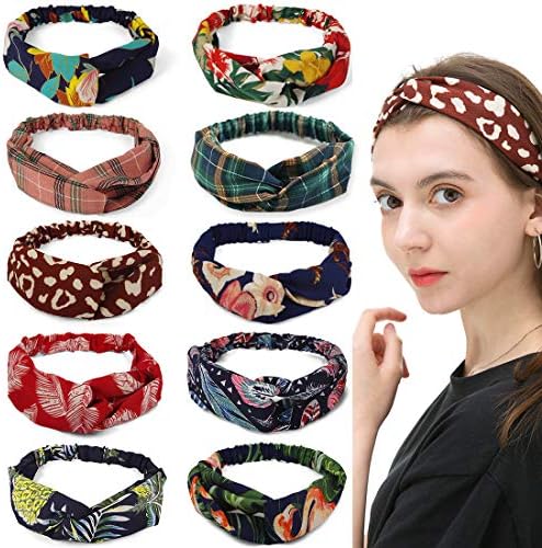 10 Pack Headbands Women Hair, Boho Headband for Women Girls, Flower Printed Hair Bands Head Band, Twisted Cross Elastic Head Wrap Cute Hair Accessories (2019 Update Patten)