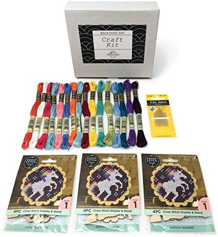 Three Cross Stitch Kits with 3 Unique Designs and Display Easels BONUS 16 Skeins of DMC Floss and Embroidery Needles!