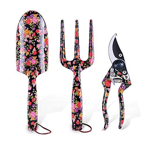 3 Piece Garden Hand Tool set, Gardening Kit Includes Trowel, Pruning Shear, Hand Fork for Garden Gifts (Garden Tool Set – Black)
