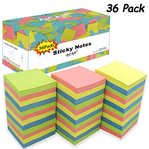 Sticky Notes 3x3, Self-Stick Notes, 36 Pads, 100 Sheets/Pad, Strong Sticking Stickies, Assorted Colors Post Notes for Study, Works, Daily Life (36)