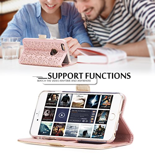 WWW iPhone 6S Plus Case, iPhone 6 Plus Case, [Luxurious Romantic Carved Flower] Leather Wallet Case with [Inside Makeup Mirror] and [Kickstand Feature] for Apple iPhone 6/6S Plus Rose Gold - Thumbnail 4