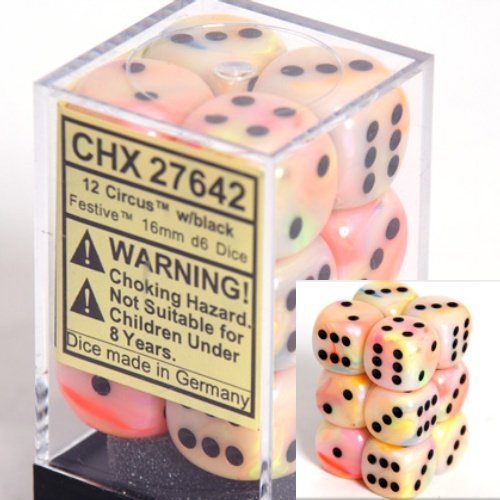 Chessex Dice d6 Sets: Festive Circus with Black - 16mm Six Sided Die (12) Block of Dice