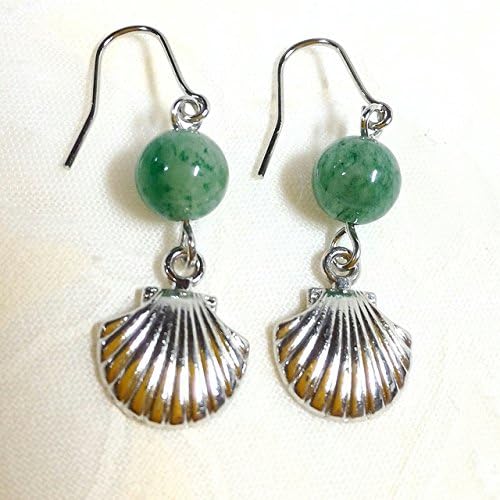 Metal shell & Green Aventurine . Pierced Earring Gemstones . Silver Plating Hook