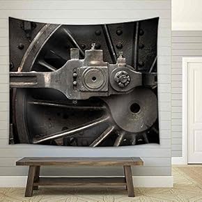 Old Steam Engine Train Wheels and Parts Close-Up - Fabric Wall Tapestry Home Decor - 51x60 inches