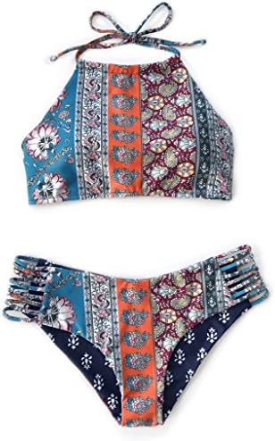 Seaselfie Women's Floral Tied at Back Halter Padded Bikini Beach Bathing Suit