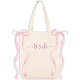 FYSUIMU White Bride Canvas Tote Bag Pink Satin Bow Shoulder Tote Bag Bride to Be Shopping Grocery Bags for Bridesmaid Bachelorette Wedding Bridal Shower Party Favors