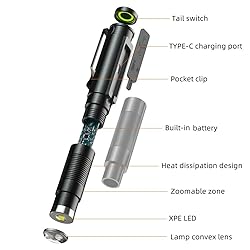 ALONEFIRE P29 Pen Flashlight Bright USB C