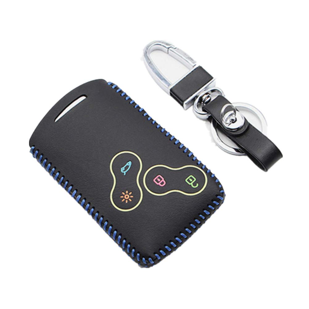Happyit Leather Car Key Cover Cases Keychain for Renault Clio Scenic Megane Duster Sandero Captur Twingo koleos 4 Buttons Remote Control (Blue line)
