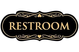 All Quality Designer Restroom Wall or Door Sign - Bathroom Signage | Durable Plastic and Easy Installation | Black/Gold - Large (1 Pack)