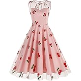 Cherry Print Dresses for Women Short Tulle Prom Dress Sleeveless 50 s Dresses for Women Vintage Cherry Dresses for Women Cocktail Dresses Wedding Guest Evening Formal Sheer Mesh Dress Pink Cherry XL