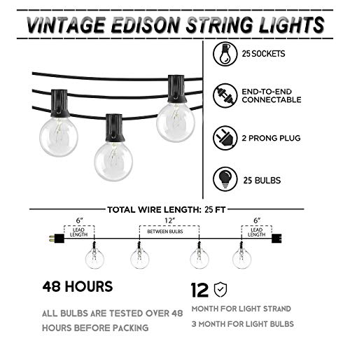 Afirst Outdoor String Lights 25Ft with 25 Edison Bulbs Vintage Hanging String Lights for Porch Market Backyard Patio Party Wedding Gazebo Lighting-Black