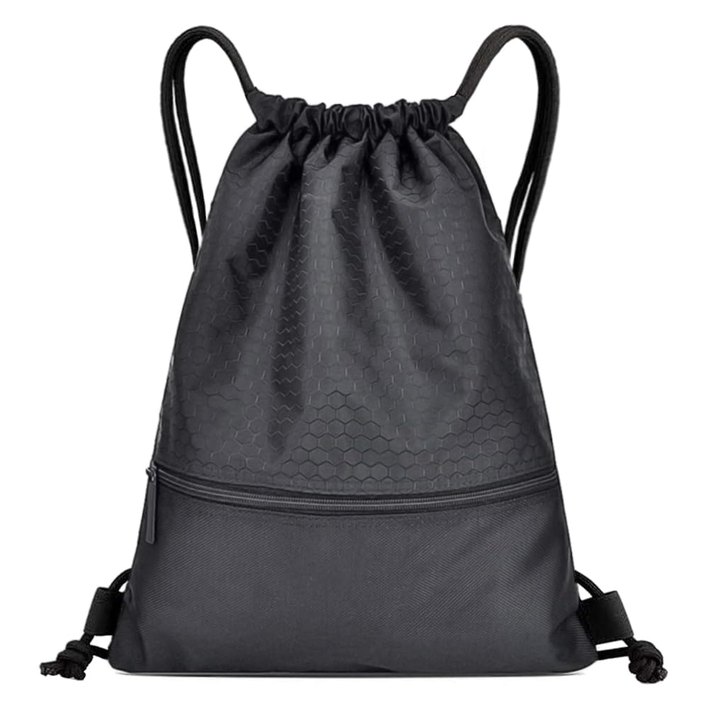 Drawstring Bags,1 pcs Drawstring Gym Bag Black String Swimming Bag Sports Swim Drawstring PE Bags Waterproof Pocket Zipper Sack Backpack ,for Women,Men,School,Travel,Beach,Various Activities(40*47cm)