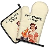 DYJYBMY Everything Is Fine Funny Oven Mitts and Pot Holder Set, Vintage Lady Kitchen Gadgets for Women Bake Lover, Housewarming Gifts for Hostess Chef Friend, Baking Gifts for Mom Wife Aunt Sister BFF