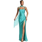 Satin Bridesmaid Dresses for Women Mermaid Square Neck Prom Dress Long Slit Pleated Formal Evening Gowns with Scarf