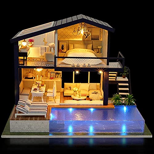 Cafopgrill DIY Miniature Dollhouse Kit,Green House with Furniture and LED,Wooden Dollhouse Kit,Best Decorative Ornament for Kid Child(With Dustcover)