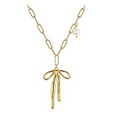 Gold Bow Necklace for Women Pearl Bow Pendant Necklace Dainty Ribbon Bowknot Paperclip Chain Necklace Christmas Party Jewelry Gifts