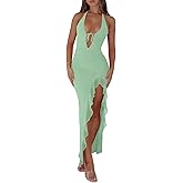 Women Sexy Halter V Neck Maxi Dress Mesh Ruffle Hem Bodycon Backless High Slit Cocktail Party Wedding Guest Dresses