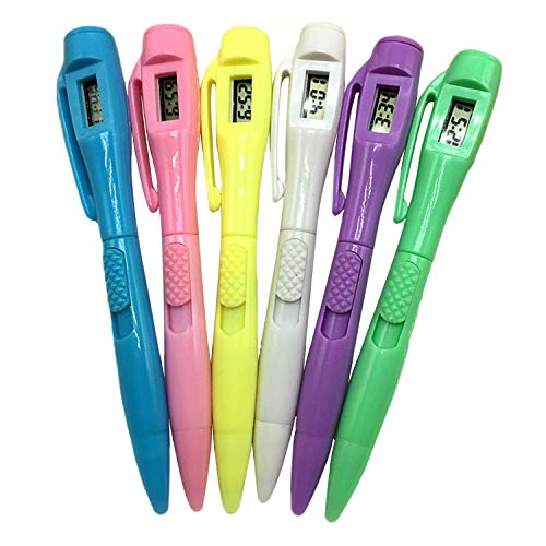 6pcs Ballpoint Pen with Electronic Watch 0.5MM Fine Point Gel Pen with Time Clock for Examing, Writing and Note Taking, School Stationery Gift for Boys and Girls(Blue+White+Green+Pink+Purple+Yellow)