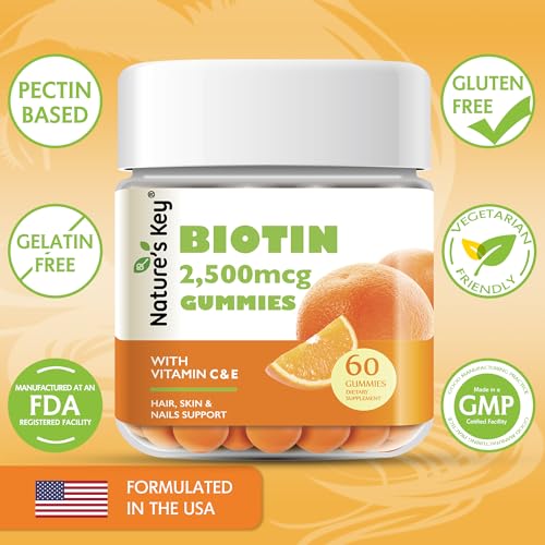 NATURE’S KEY BIOTIN GUMMIES WITH VITAMIN C AND E, SUPPORT HAIR NAILS GROWTH & BEAUTIFUL SKIN FOR WOMEN MEN AND KIDS, VEGAN, ORANGE FLAVORS 60 COUNT
