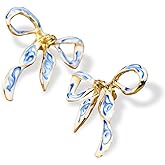 Enamel Bow Earrings for Women – 18K Gold Plated Blue and White Porcelain Jewelry, Elegant Ribbon Stud Earrings Gift for Birthday, Anniversary, or Wedding