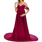 ZIUMUDY Maternity Maxi Chiffon Gown for Photoshoot Photography Off Shoulder Wraped Sheer Chiffon Dress