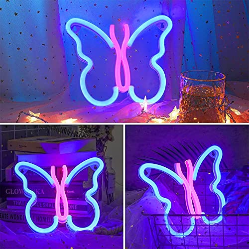 ENOOSTMST Butterfly Neon Sign, USB or 3AA Battery Powered Butterfly Night Wall Light LED Neon Wall Signage, Suitable for Girls Children Living Room Bar Dormitory Party Christmas(A-Blue/Pink)