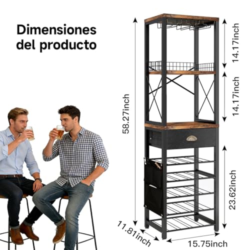 TENGTU Porta Botellas De Vino De 5 Capas para Botellas De Vino Y Licor, Rack De Almacenamiento con CajóN Y Portavasos, Medidas 30×40×148cm, FáCil De Montar para Cantina Bar Mueble para Casa