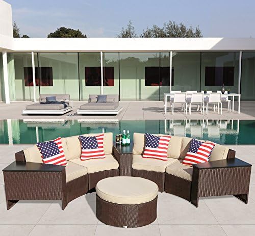 PATIOROMA Outdoor Patio Furniture Set Wicker 8 Piece Semicircular Sectional Sofa Seating Set with Ottoman, Beige Seat and Back Cushions, Aluminium Frame, Brown PE Wicker
