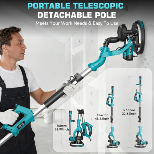 Drywall Sander with Vacuum Dust Collector, 1000W Popcorn Ceiling Removal Tool, Electric Drywall Sander with Digital Display Screen 9 Variable Speed 800-2100RPM, Foldable Extendable Handle