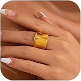 Inactwin Dainty Chunky Gold Rings For Women 14K Gold Plated Wide Band Statement Ring Vintage Stack Gold Rings Non Tarnish Trendy Thumb Knuckle Ring Size 6-10