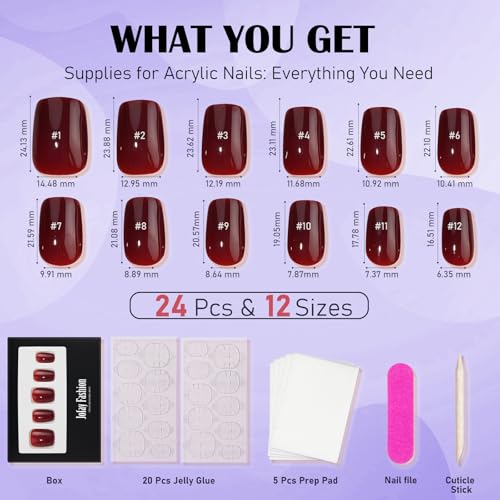 Press On Nails Short - Jofay Fashion Acrylic Press On Nails Red, Square Glue On Nails with Nail Glue, Fit Perfectly & Natural Stick On Nails in 12 Sizes - 24PCS Soft Gel Fake Nails Kit, Wine Red - Image 5