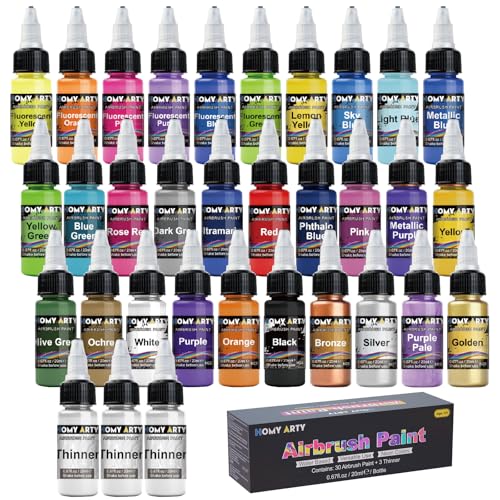 HOMY ARTY Airbrush Paint, 30 Colors Acrylic with 3 Airbrush Thinners, Water-Based, Airbrush Paint for Metal, Plastic Models, Canvas