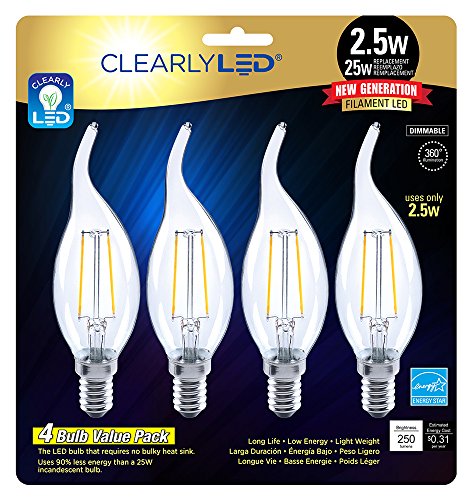 ClearlyLED Filament LED CLCL3525E12C4 250 lm E12 Style Flame Tip Candle Design Dimmable LED Light Bulbs (4 Pack), 2.5W, Clear