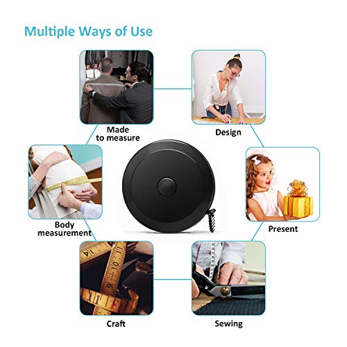 2Pcs Tape Measure for Body Cloth Ruler Measuring Tape for Sewing Tailor Fabric Measurements Tape Retractable Dual Sided Black 60-inch